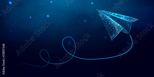 Polygonal paper plane. Business startup, innovation, growth, travel, way forward freedom concept. Wireframe low poly plane. Vector illustration.