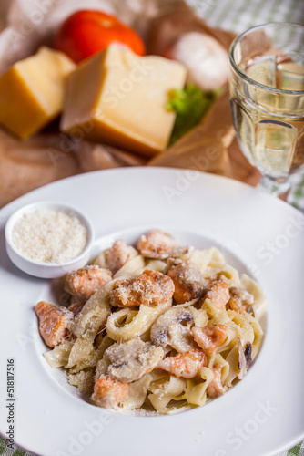 Pasta with meat, champignon, cheese
