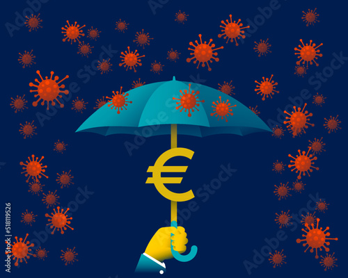 Hand holding an umbrella made with the Euro sign, while it rains covid-19 virus. Concept of economic protection from the effects of Coronavirus. Vector illustration