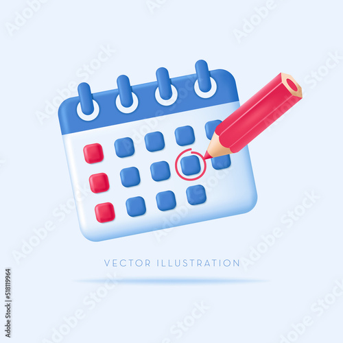 Month-lined desk calendar with the pencil. Schedule, appointment, Planning concept. Vector Illustration in minimal 3D style