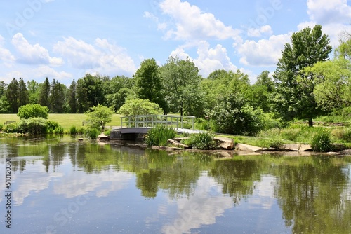 The wood bridge over the pond in the countryside.