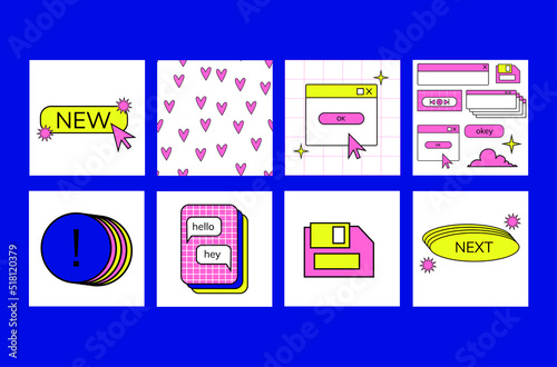Old pc window set. 1990 vibe. Old computer aesthetic. Icons and seamless patterns.Retro pc