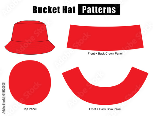 Red Bucket Hat with Parts Patterns on White Background, Vector File.