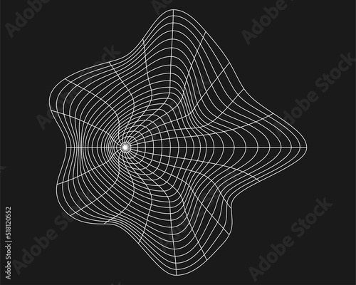 Cyber distorted grid, retro punk design element. Wireframe wave geometry grid on black background. Vector illustration