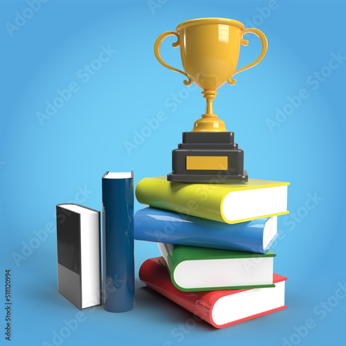 3d trophy and stack of books on blue background