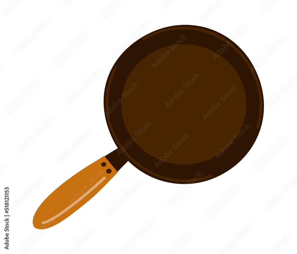 Frying pan with handle. Utensils for cooking. Metal frying pan. Kitchen accessory. Flat vector illustration isolated on white background