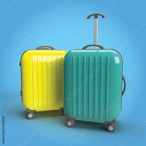 3d Luggage Yellow and Green with Blue Background