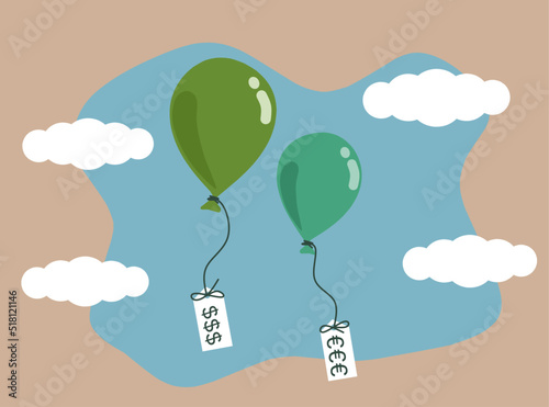 Inflation causing price rising up, overvalued stock or funds, consumer purchasing power reducing concept, air balloon tied with product price tag flying high rising up in the sky.