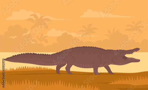 Crocodile with open mouth. Aquatic carnivorous reptile. Toothy alligator and caiman. Predator hunter of Africa. Big animal on the river bank. Wild landscape. Flat vector color illustration © Mikhail Ognev