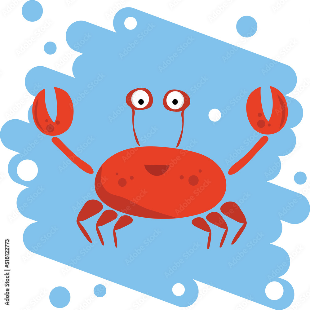 Naklejka premium Vector illustration of a red jumping crab with claws and legs with a smile and eyes on a blue background.