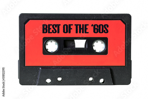 A black retro vintage cassette tape (obsolete audio technology) with the text Best of the '60s written on the red label. 