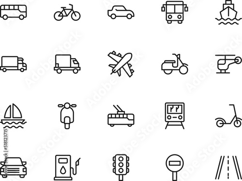 Road, transport, traffic sign. Vector symbol perfect for adverts, store, shops, books. Editable stroke. Line icon set with icons of bus, car, plane, ship, van, sailboat, helicopter etc
