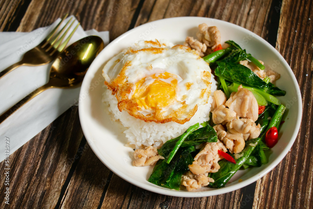 Stir Fried Chinese kale with Chicken and Fried Egg