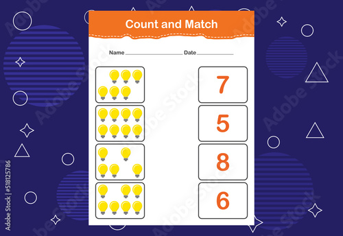 Count and Match worksheet for kids. Count and match with the correct number. Matching education game.