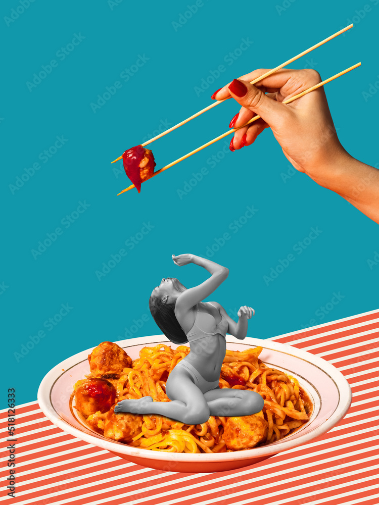 Fototapeta premium Contemporary art collage. Creative design. Tender woman sitting in plate with delicious pasta and eating meatball with chopsticks