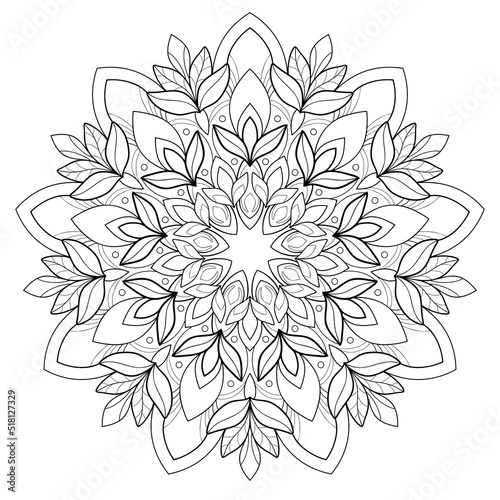 Simple mandala with floral patterns and round shapes on a white isolated background. For coloring book pages.