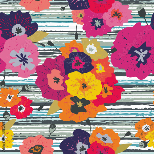 Pink seamless pattern with multicolored poppies. Painted abstract flowers. Vintage style Vector illustration.