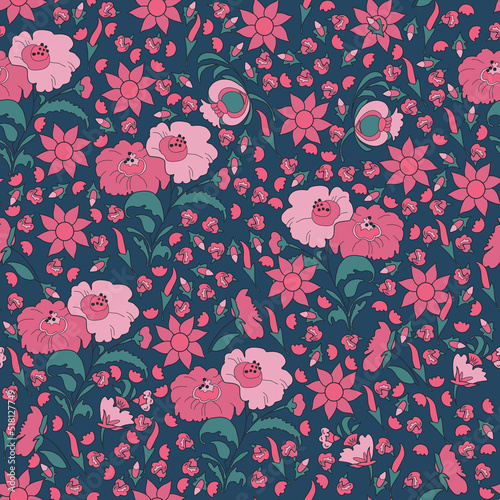 Seamless pattern with pink abstract flowers. Retro, vintage style. Vector illustration.