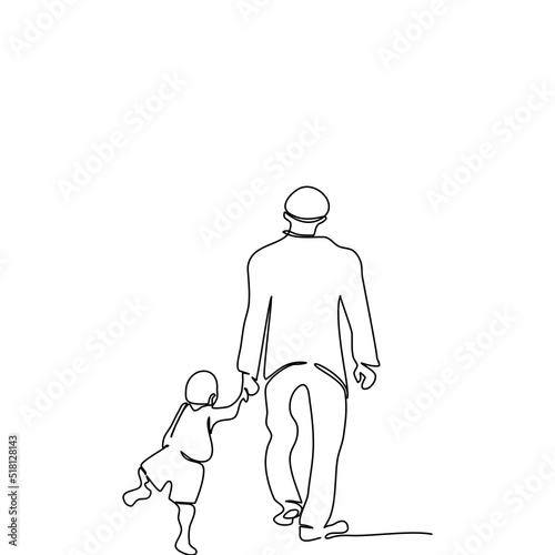 Backside of Daddy and son walking  together.Happy kid playing,holding his father hand in single line drawing style.Vector isolate flat continue line design concept of family or Happy Father’s day 