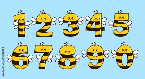 Cute yellow bee collection with numbering for birthday party, kid education, ornament, element, etc