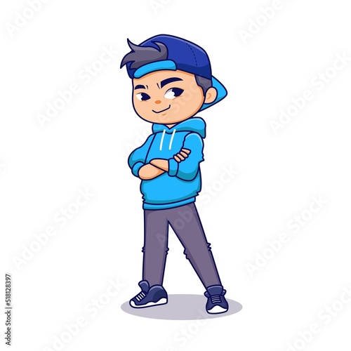 Cartoon cool boy with blue jacket and hat stand pose in casual style character flat illustration