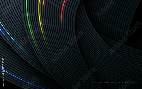 Black abstract wavy dimension background with colorful light decoration