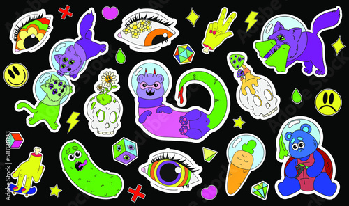 A set of psychedelic stickers with space animals in helmets, psychedelic skulls and eyes, hands with protruding bones and strange vegetables. Surrealism
