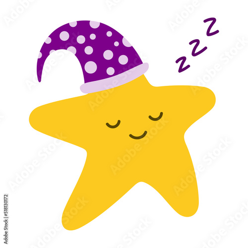 The cartoon star sleeps in a sleep cap. Good night, lullaby theme. Vector isolated on a white background
