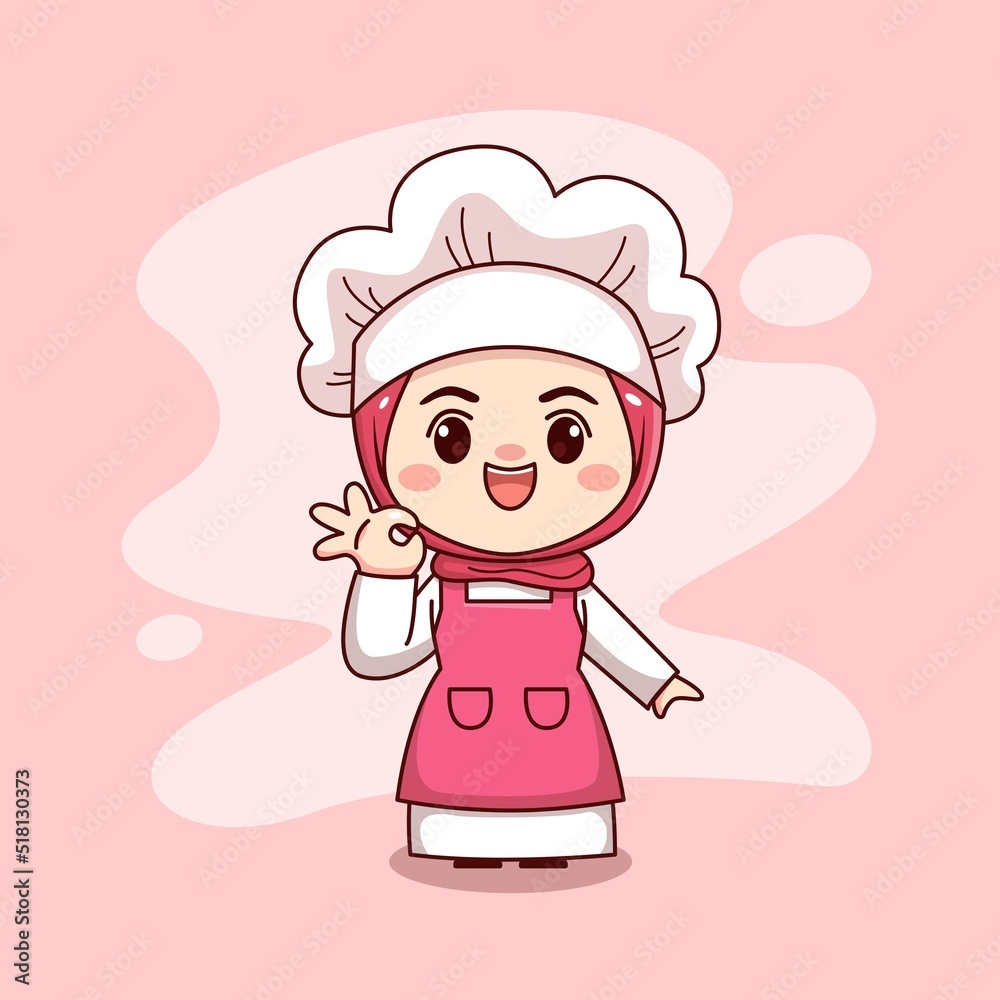 Cute and kawaii female chef with delicious sign cartoon manga chibi vector character design Cute and kawaii female chef with delicious sign cartoon manga chibi vector character design