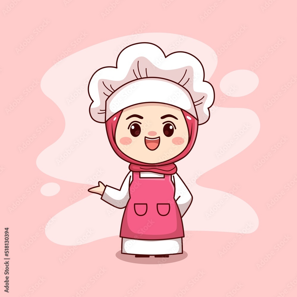 Happy cute and kawaii hijab female chef or baker cartoon manga chibi vector character design Happy cute and kawaii hijab female chef or baker cartoon manga chibi vector character design