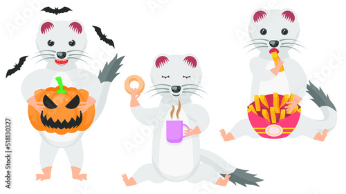 Set Abstract Collection Flat Cartoon Different Animal Ermines With A Pumpkin And Bats Around, Drinking Tea With Donut, Eats Fried Potatoes Vector Design Style Elements Fauna Wildlife