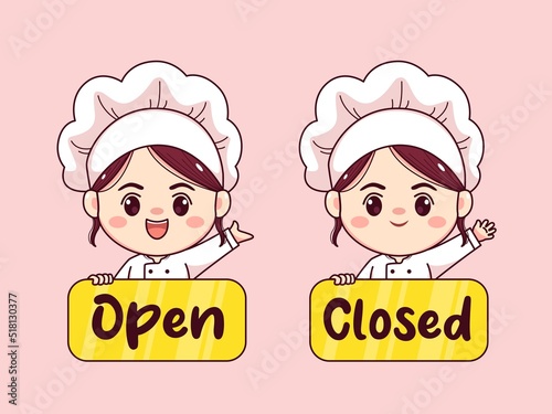 Fototapeta Naklejka Na Ścianę i Meble -  Cute and kawaii female chef or baker with open closed board cartoon manga chibi vector character design
