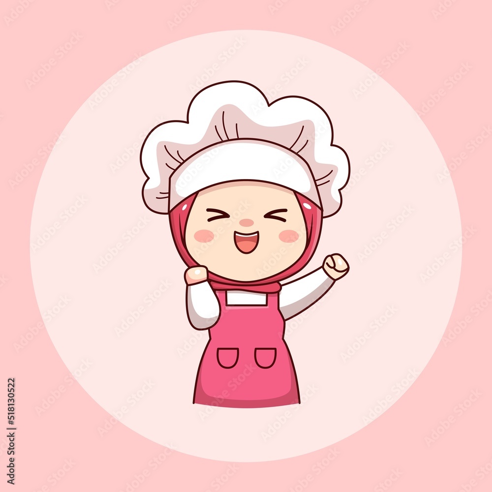 Happy cute and kawaii hijab female chef or baker cartoon manga chibi vector character design Happy cute and kawaii hijab female chef or baker cartoon manga chibi vector character design