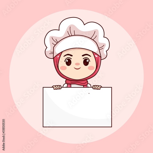 Cute and kawaii hijab female chef or baker with white board cartoon manga chibi vector character design