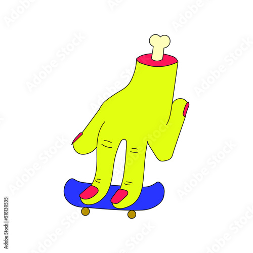 A psychedelic severed arm with a protruding bone is riding a fingerboard. Psychedelics, surrealism