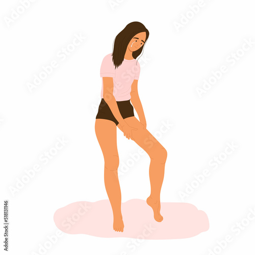The crying woman looks at herself, checking if she has lost weight. Self hate, body shaming, dissatisfaction with appearance. Anorexia, dysmorphophobia concept. Vector illustration in cartoon style.	