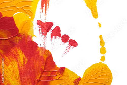 red yellow abstract acrylic painting color texture on white paper background by using rorschach inkblot method