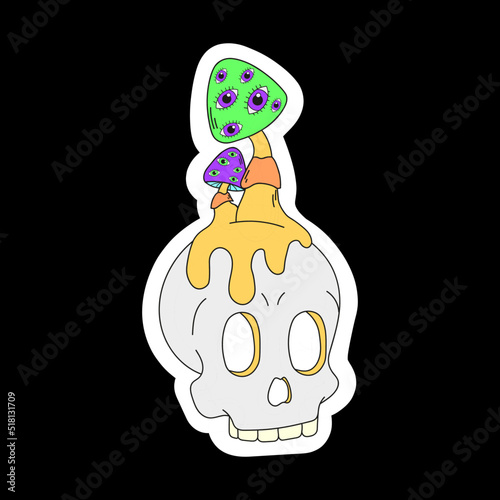 A psychedelic skull with psychedelic mushrooms on its head. Surrealism