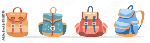 Set of backpacks for comfortable trip. Trendy luggage for stickers, web design, social media and advertisement. Tourism day. Hand drawn cartoon flat vector illustration