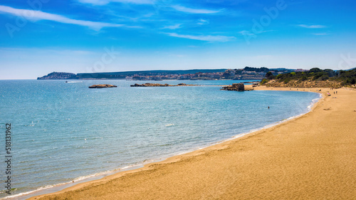Panoramic view of the empty beach of Moll Grec from the viewpoint of Sant Martí d'Empúries, Costa Brava, Catalonia, Spain © Jordi