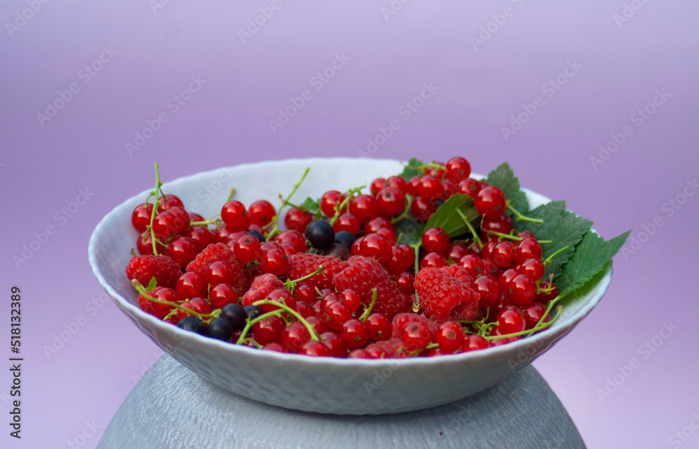 Plate with raspberries, black and red currants on a purple background