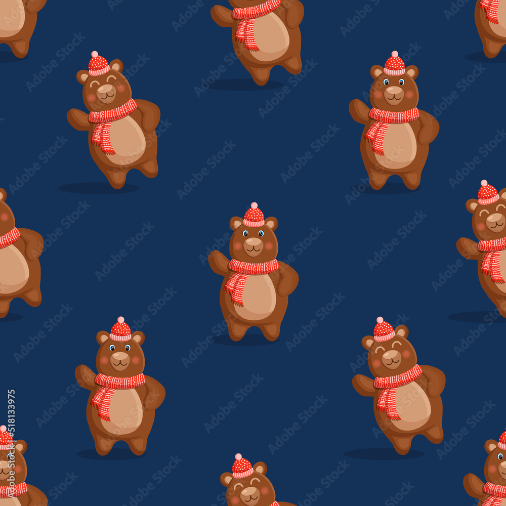 Seamless pattern with a forest brown winter bear in a hat and scarf. Vector Christmas illustration for fabric, texture, wallpaper, poster, card. Editable elements. Cartoon design. Seamless pattern with a forest brown winter bear in a hat and scarf. Vector Christmas illustration for fabric, texture, wallpaper, poster, card. Editable elements. Cartoon design.
