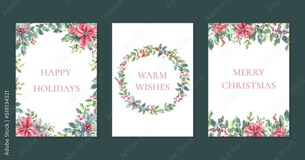Merry Christmas Watercolor Greenery frame, wreath, bouquet illustration card set. Spruce,poinsettia, holly berry Happy new year,warm wishes lettering,text greeting card, invite,print,poster,design diy