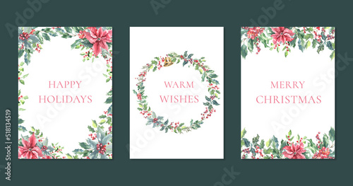 Fototapeta Naklejka Na Ścianę i Meble -  Merry Christmas Watercolor Greenery frame, wreath, bouquet illustration card set. Spruce,poinsettia, holly berry Happy new year,warm wishes lettering,text greeting card, invite,print,poster,design diy