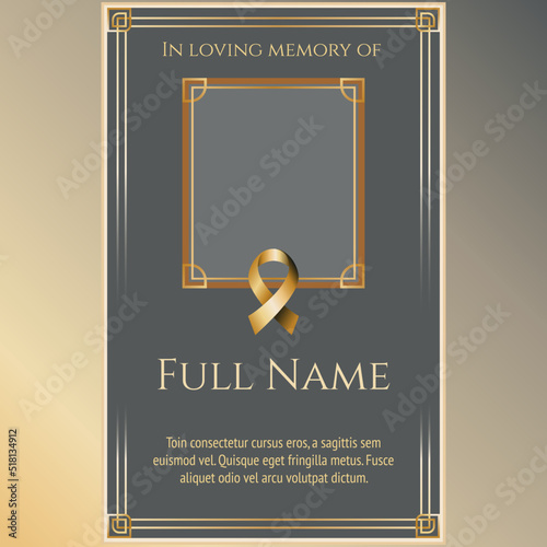funeral card template with metallic ribbon and photo frame