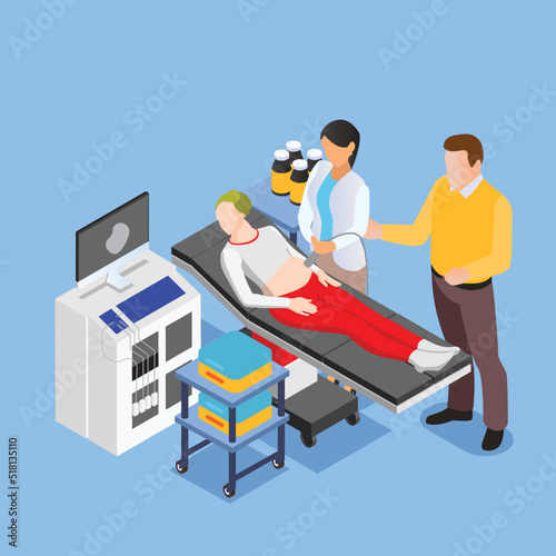 Ultrasonography checkup for pregnant woman isometric 3d vector illustration concept for banner, website, illustration, landing page, flyer, etc.