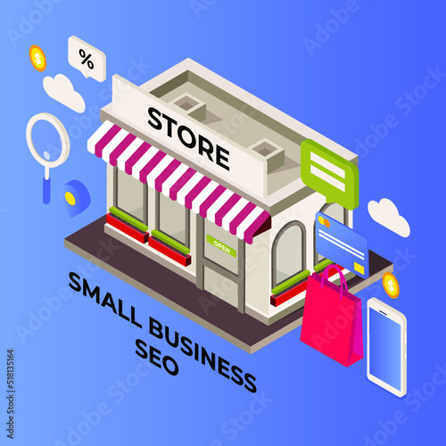 Small business SEO, local store marketing isometric 3d vector illustration concept for banner, website, illustration, landing page, flyer, etc.