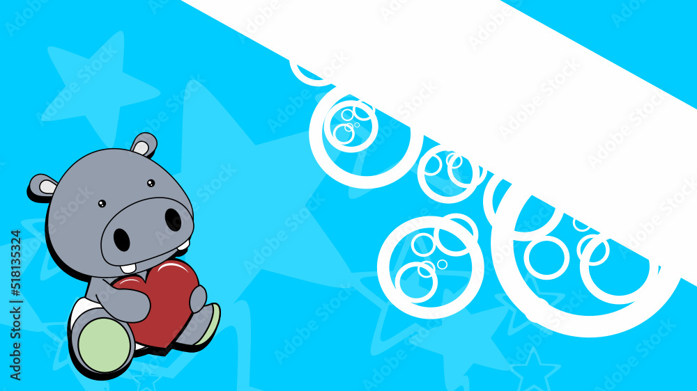 Naklejka premium sitting chibi baby hippo character cartoon holding love red heart, background illustration in vector format