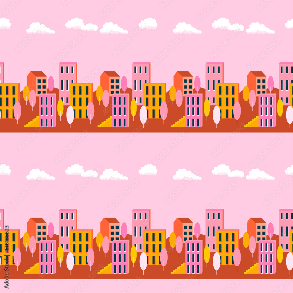 Vector pink seamless pattern of urban landscape with buildings and trees 