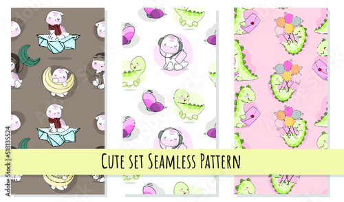 Flat cute baby dinosaurs seamless pattern set